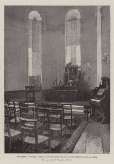 De Koningin in Cimiez, interieur van de koninklijke kapel in het Excelsior Regina Hotel door Amedee Forestier
